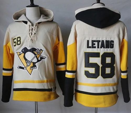Penguins #58 Kris Letang Cream/Gold Sawyer Hooded Sweatshirt Stitched NHL Jersey - Click Image to Close